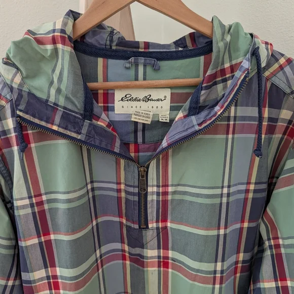 Vintage Eddie Bauer Plaid Hooded Quarter Zip Windbreaker Jacket In Green/Navy - Picture 3 of 6